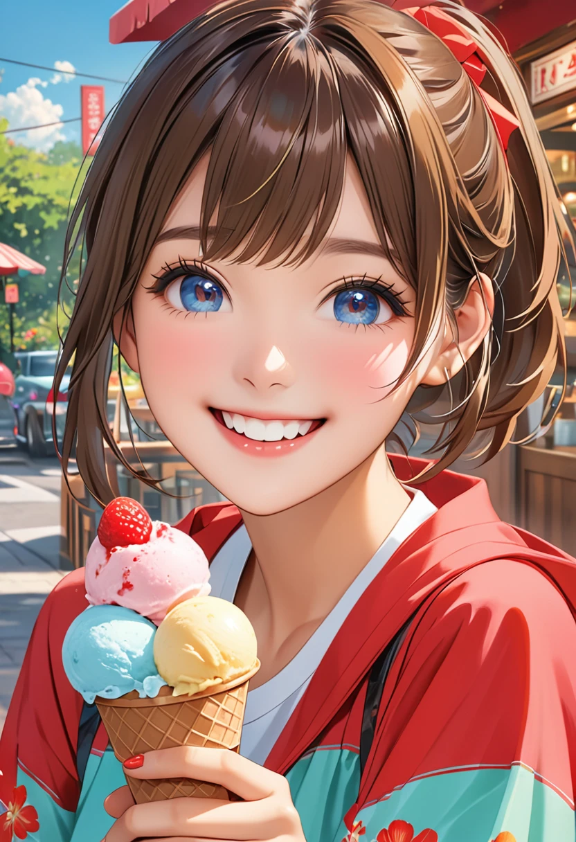 Highest quality、High resolution、Detailed Background、(Beautiful face in every detail:1.4)、Anatomically correct、Normal number of fingers、Detailed eyes、Teenage beauty、Highly detailed face、cuteカラーの髪色、ponytail、Bobcut、well-groomed eyebrows、A fun atmosphere、cute喫茶店、A big smile、smile、cute仕草、

(Beautiful girl eating ice cream in a coffee shop:1.5)、
、
Hot summer day、Girl holds ice cream、Pop it into your mouth、Love the sweet and sour taste、
Desperately licking to eat quickly、Don&#39;t melt in a hurry、The sight of people stuffing their cheeks with each bite、Occasionally sticking out his tongue to lick off the remaining ice cream、With big eyes showing joy, she says she wants to eat more.、The sight of him eating with fascination、cute