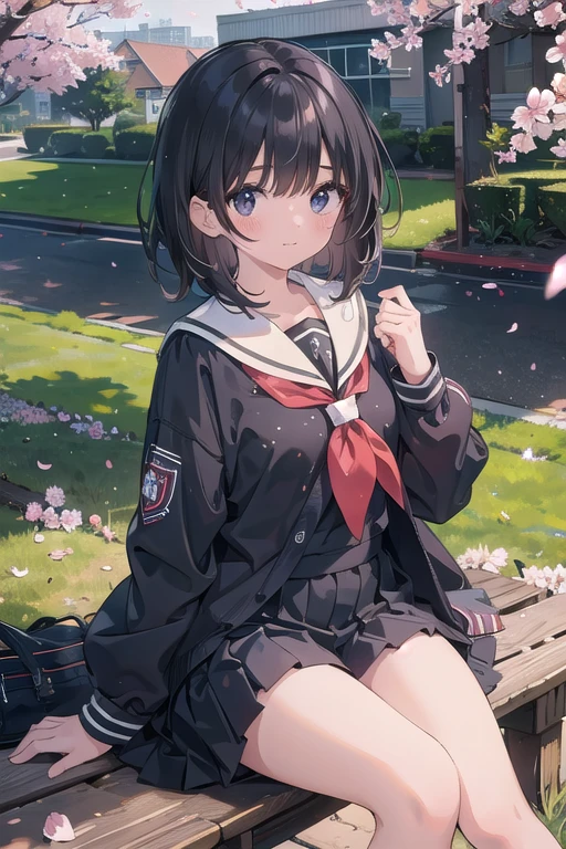 (work of art),  Scenario,  school horizon,  Cherry blossoms,  petals,  light particles,  trunk,  1 girl,  Marin,  slickedback hair,  floating hair,  ssmile,  sitting down,  gaping mouth,  light particles,  Bblack hair,  black eyes,  looking ahead at viewer,  Facial Focus, shining eyes