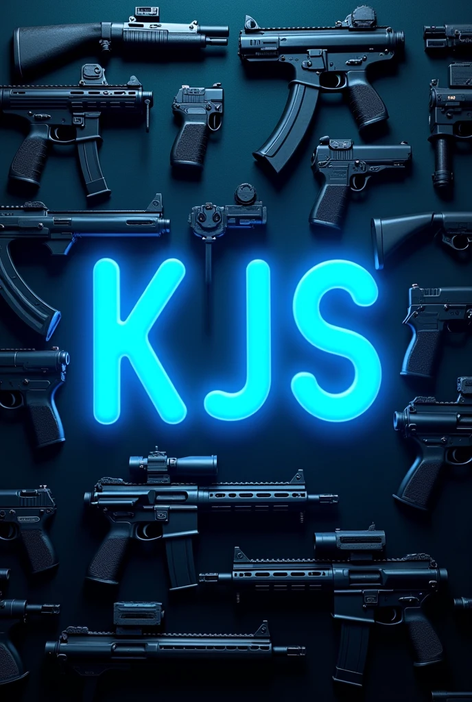 A weapons background with a text that says "KJS" in strong neon light blue 