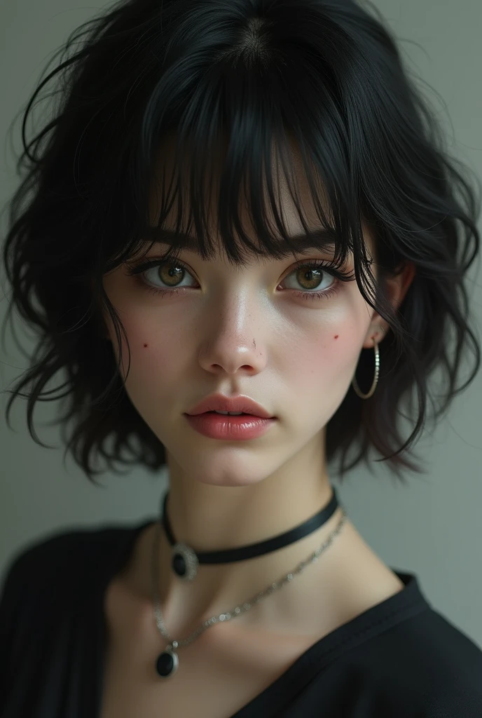 Beautiful woman with wavy short hair and bangs with masculine facial traits, a few moles on her face, black piercing eyes