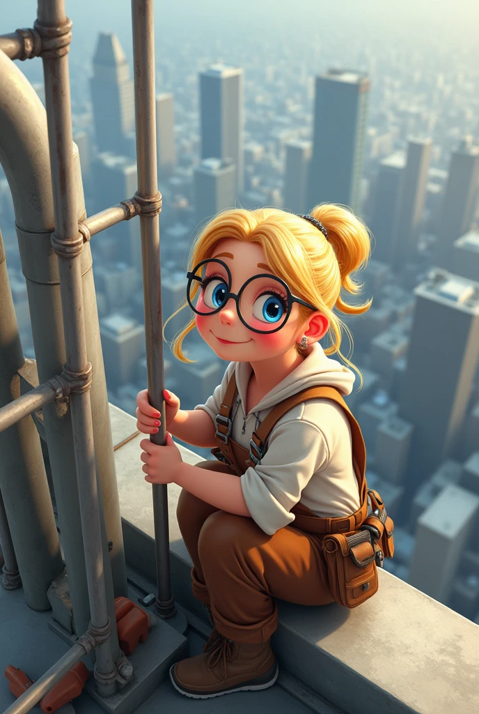 Slightly chubby woman with blond hair, blue eyes and round glasses doing bar-fixes on a very high roof