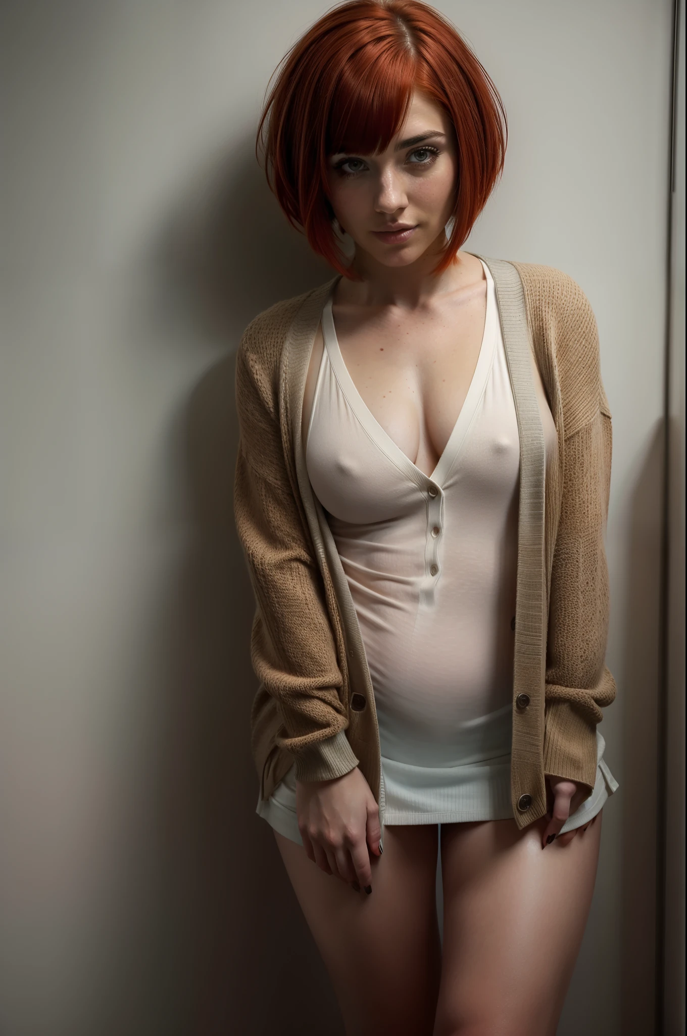 Allison Scagliotti, A girl with red hair, bobcut hairstyle, full body shot, detailed eyes and face, cardigan, bare legs, short hair, asymmetric haircut, inverted bob,