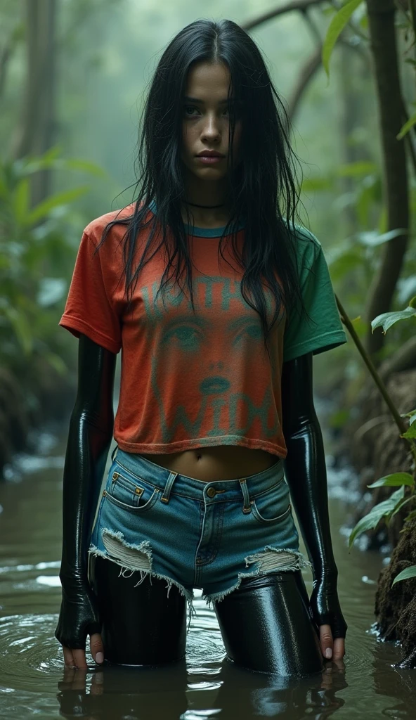 girl in (fetishistic depraved black shiny rubber stockings) and denim cut-offs and colored t-shirt stuck in bog, red, green, blue