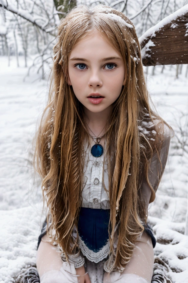 masterpiece, The best quality, 13-year-old Russian girl, adolescent, blonde woman, curly, Uncombed medium length hair, Snow in wet hair , Short long sleeve dress, Bracelet on left wrist, necklace around the neck, Black openwork stockings, high-heeled shoes,  His skin was covered in goosebumps, Kneeling in deep snow in the middle of a winter forest, look into the distance, snowy wild forest, It's cold, snowing, Beautiful face, Freeze, lips turn blue, Skinny body, shapely legs, steam from mouth, tears in eyes, Mascara spread around the eyes ,grounded, scared look ,deep snow, Snowflakes are falling, The body turns red ,chill, Teary,