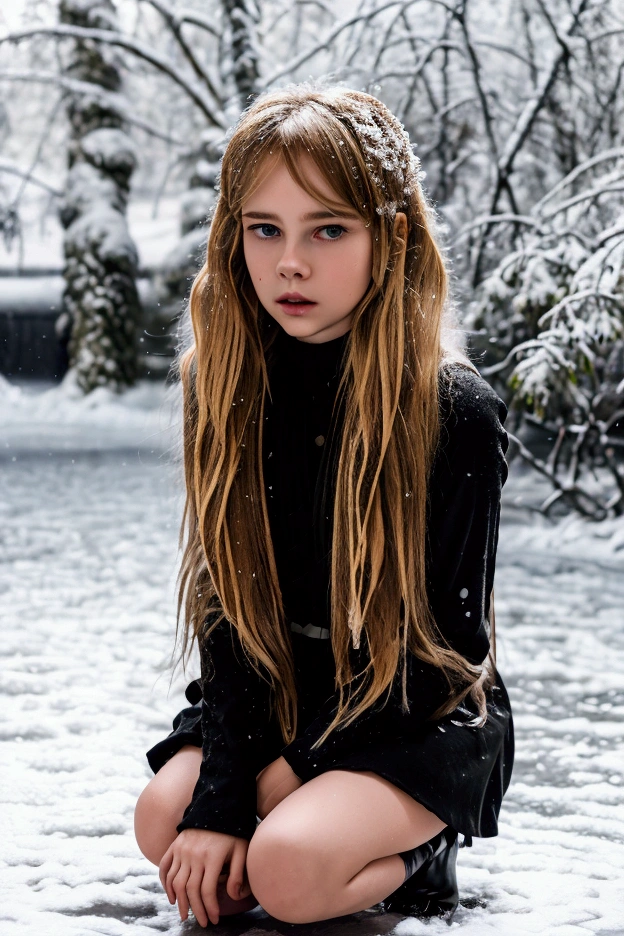 masterpiece, The best quality, 13-year-old Russian girl, adolescent, blonde woman, curly, Uncombed medium length hair, Snow in wet hair , Short long sleeve dress, Bracelet on left wrist, necklace around the neck, Black openwork stockings, high-heeled shoes,  His skin was covered in goosebumps, Kneeling in deep snow in the middle of a winter forest, look into the distance, snowy wild forest, It's cold, snowing, Beautiful face, Freeze, lips turn blue, Skinny body, shapely legs, steam from mouth, tears in eyes, Mascara spread around the eyes ,grounded, scared look ,deep snow, Snowflakes are falling, The body turns red ,chill, Teary,