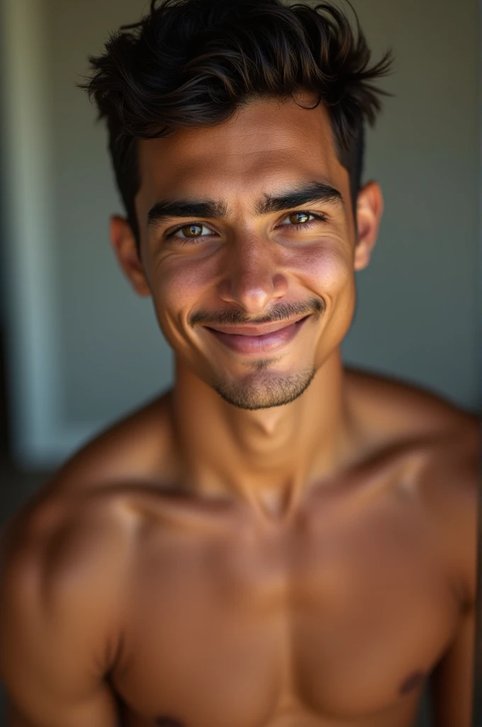 Selfie of a dark-skinned 21-year-old Mexican-American shirtless guy