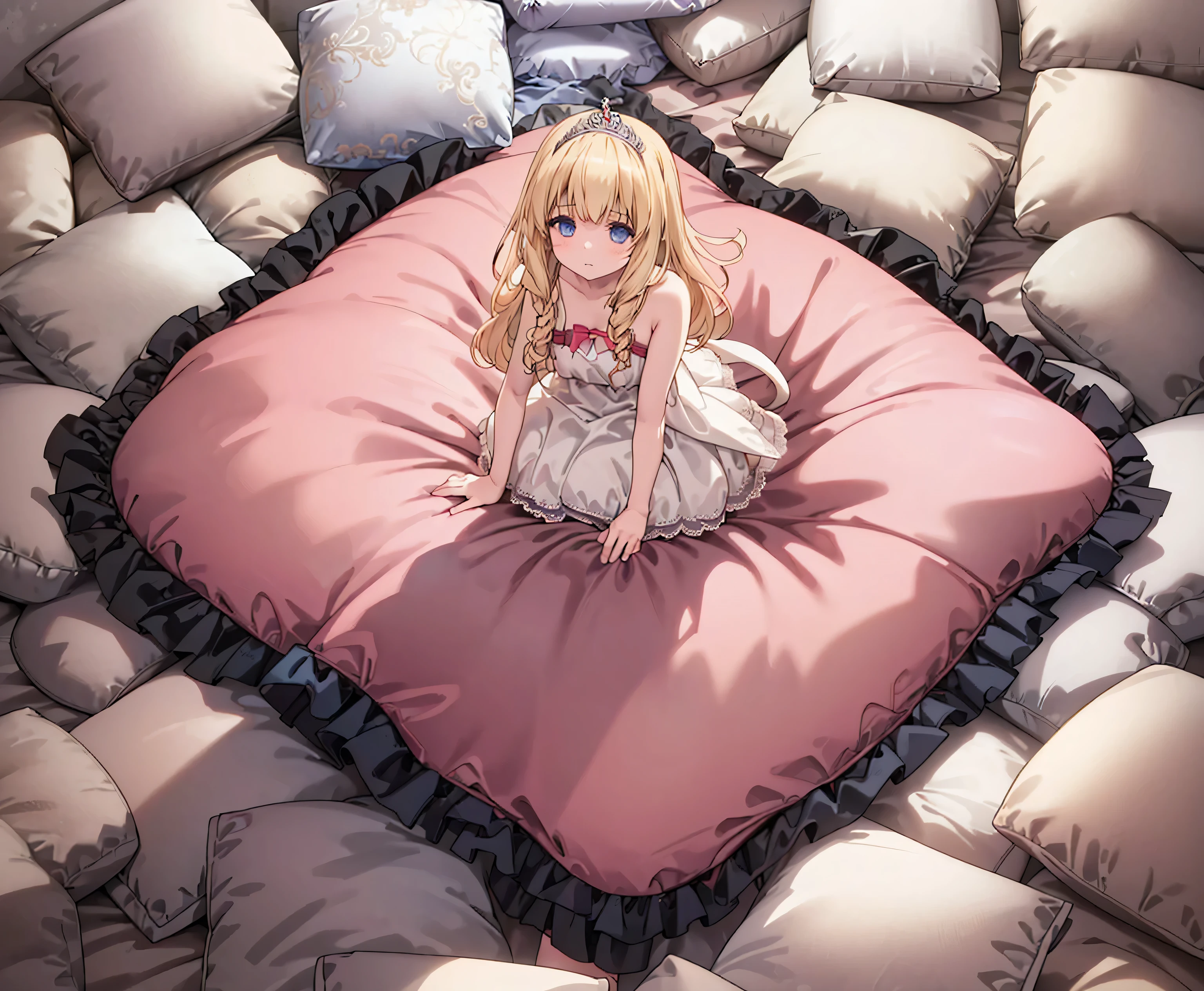 （best quality， masterpiece），full body, 1 girl, solo, mine ,nsfw, details, (Light and shadow oxtail , Cute girl posing on pillow ，standing on pillow, frilled pillow, lace pillow, large pillow，（pillow), LatifaFleuranza, blonde hair, blue eyes, very long hair, tiara, LatifaPajama, pajamas