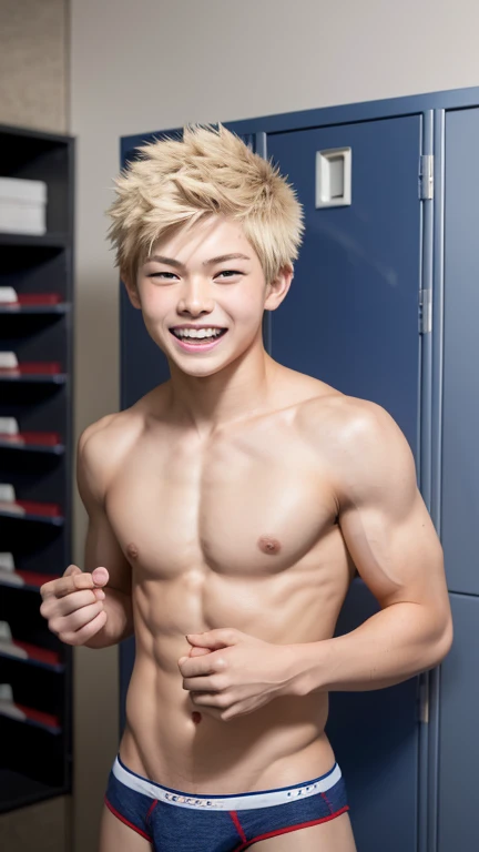 Japanese men、、Well-developed muscles and smooth skin、Pale blonde hair like Bakugou, but with a pointy cheek.、He laughed fearlessly, showing his teeth.、Boxer briefs、The whole body is visible from toes to head、locker room、