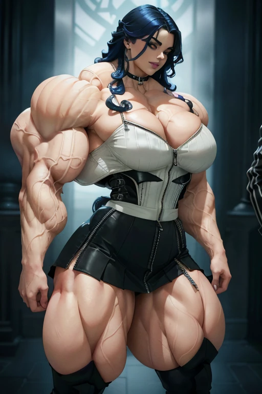 ((Close-up)), tall, (royal blue hair) beautiful muscular woman, long curly wavy hair, pale white skinned, closed smile, (black lipstick), (massive muscles), (hyper muscle), (ginormous bulky muscles), glowing white eyes, (((long black zipped jacket))) ((long black pleated skirt)), choker, boots, night in Scotland, 