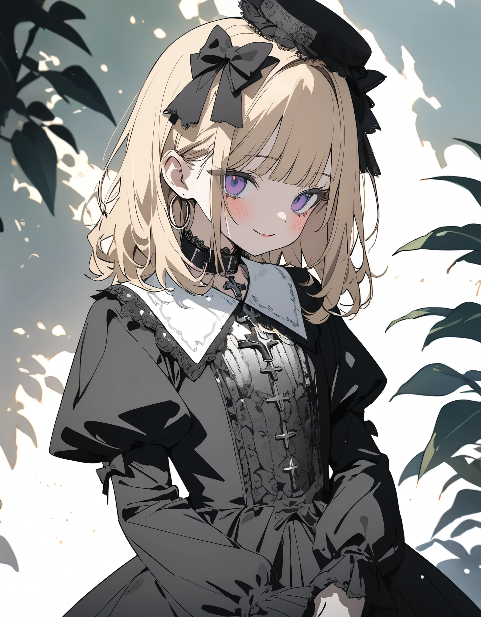 ((Masterpiece)), ((best quality)), (super detail:1.2), (High Definition:1.3), ((extremely detailed)), (flat color), (flat shading), (8K), (Professional Photography:1.2), (very aesthetic:1.2), (absurdres:1.2), (sharp focus), (perfect light), ((kawaii)), (drop shadow), profile, (wide shot), ((12 years old)), ((1 princess)), Textured skin, ((medium hair)), ((Beautiful Gothic Lolita Dresses)), (very hoop dress), ((Luxury cross motif embroidery)), (intricate lace details), Victorian-style collar, cute innocent young girl, BREAK, ((loose blunt bangs)), ((put on mini silk hat)), Slender body, small chest, (silky blond hair), (cute makeup), cute cheeks, glossy lips, pouty lips, bags under the eyes, (lower eyelashes), beautiful hair, ((naughty smile)), blush, Light particles, ((place hands on navel)), mysterious and elegant, (in the Beautiful Dreamy garden), (detailed background:1.2), newest, gothic lolita,gothic,