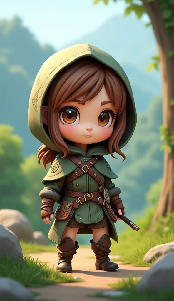isometric, 3d render, jrpg style character, female ranger, chibi