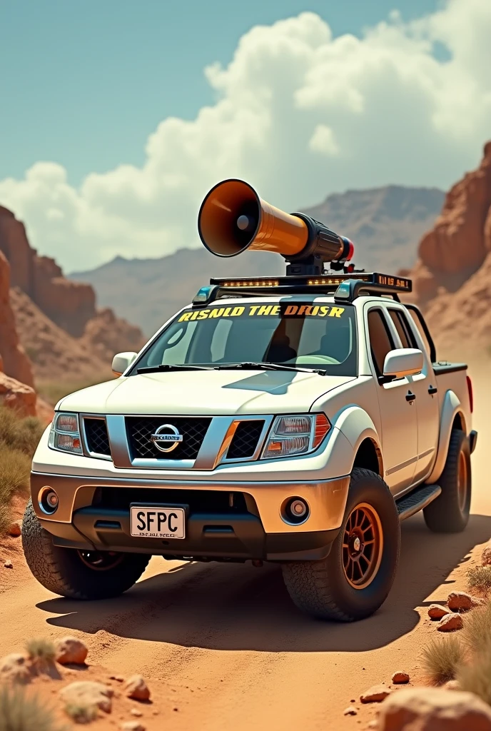 White Nissan Frontier pickup truck in a gold mining environment with a giant megaphone and police lights on the windshield and the license plate reading SFPC you can trust

