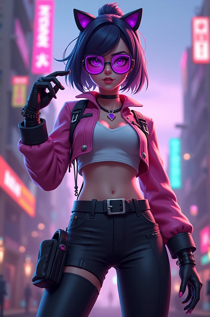 Free fire character with purple glasses, sonic shot blouse and black pants