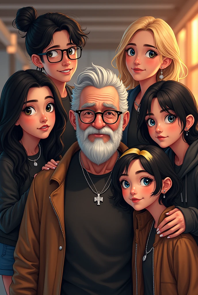 A celebration of five teenagers, the first tall man, black hair and optical glasses; The second man was tall and had short, wavy hair., also with optical glasses; The third a tall woman with black hair, with a bun tied up a bit disheveled; the fourth shortest woman with short blonde hair, blue eyes; the fifth with black hair, a short girl with some blonde highlights, with big eyeliner and optical lenses, he is shorter than the others. Everyone celebrating their metalhead grandfather&#39;s birthday, a man with gray hair, beard and optical glasses.