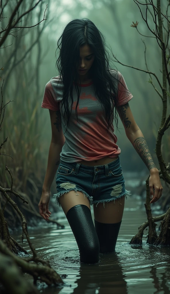 [Core Concept] A young woman trapped in a dark and treacherous bog, her attire a striking contrast of fetishistic black rubber stockings and casual denim cut-offs, with a colorful t-shirt.

[Character Description] The girl has a tattoo, hinting at a rebellious and expressive personality, as she struggles to free herself from the muck and mire of the bog.

[Environment/Background] The bog is a depraved, unforgiving landscape, with murky waters and ominous shadows cast all around, creating an atmosphere of unease and danger.

[Style and Atmosphere] The scene is rendered in a gritty, almost gothic style, with a sense of foreboding and the underlying tension of the girl's predicament.

[Composition] The image is framed to draw the viewer's attention to the girl's captivating and incongruous attire, her face partially obscured as she fights to escape the bog's grasp.

[Details and Embellishments] The bog is teeming with twisted, gnarled vegetation, adding to the sense of a hostile and unforgiving environment, while the girl's tattoo serves as a bold statement of her individuality.

[Technical Specifications] The image is rendered with a high level of detail, using a dark, muted color palette to heighten the sense of desperation and danger, with dramatic lighting and shadows to create a striking and evocative scene.