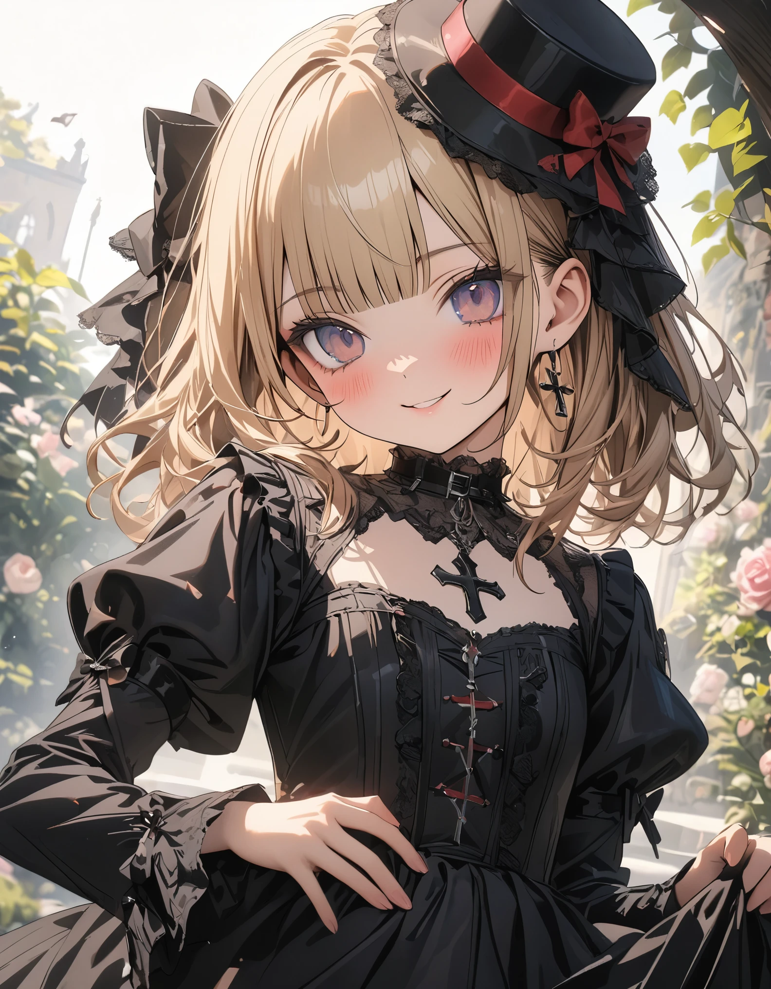 ((Masterpiece)), ((best quality)), (super detail:1.2), (High Definition:1.3), ((extremely detailed)), (8K), (Professional Photography:1.2), (very aesthetic:1.2), (absurdres:1.2), (sharp focus), (perfect light), ((kawaii)), (drop shadow), profile, (wide shot), (()), ((1 princess)), Textured skin, ((medium hair)), ((Beautiful Gothic Lolita Dresses)), (very hoop dress), ((Luxury cross motif embroidery)), (intricate lace details), Victorian-style collar, cute innocent young girl, BREAK, ((loose blunt bangs)), ((put on mini silk hat)), Slender body, small chest, (silky blond hair), (cute makeup), cute cheeks, glossy lips, pouty lips, bags under the eyes, (lower eyelashes), beautiful hair, ((naughty smile)), blush, Light particles, ((place hands on navel)), mysterious and elegant, (in the Beautiful Dreamy garden), (detailed background:1.2), newest, gothic lolita,gothic,