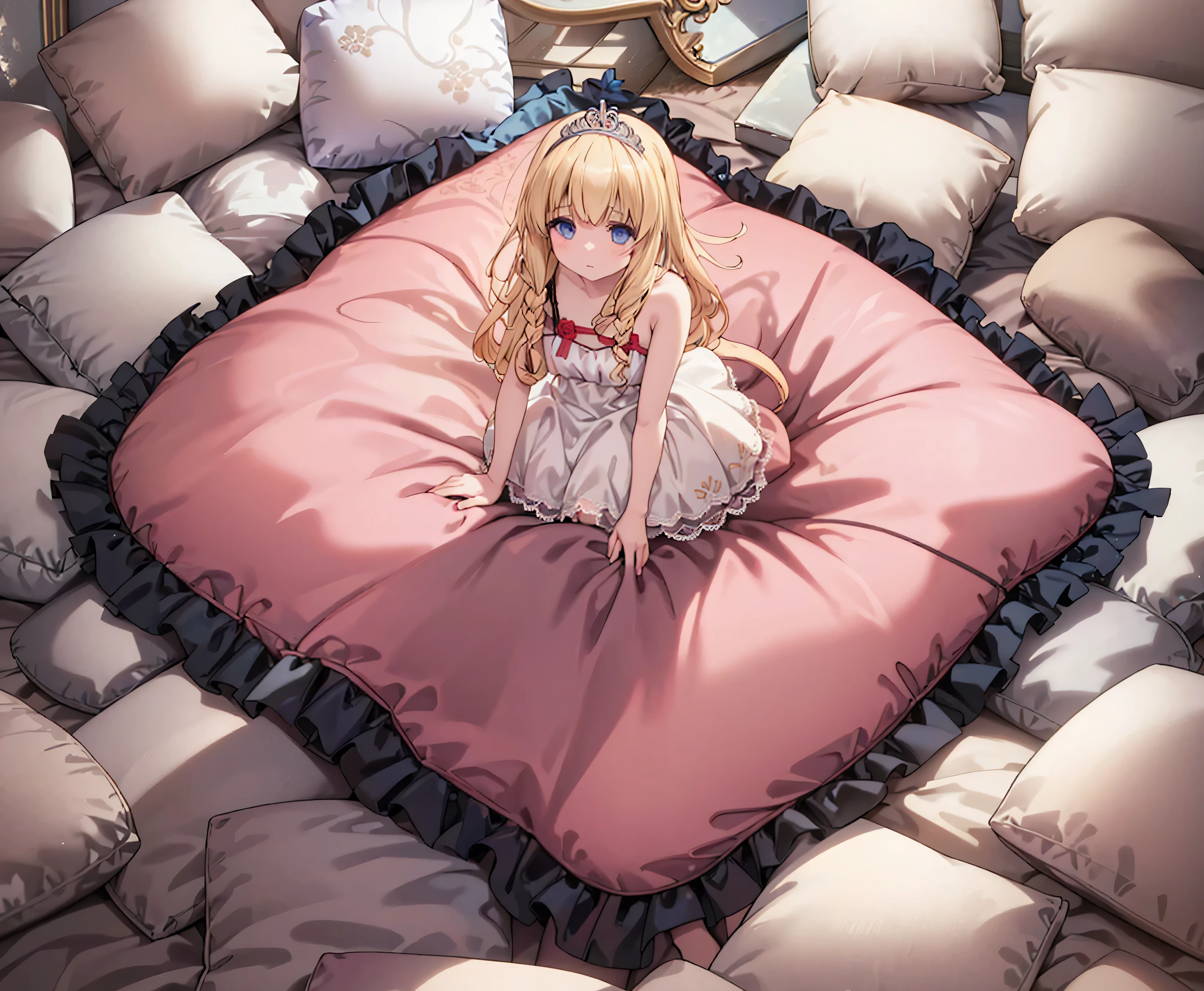 （best quality， masterpiece），full body, 1 girl, solo, mine ,nsfw, details, (Light and shadow oxtail , Cute girl posing on pillow ，standing on pillow, frilled pillow, lace pillow, large pillow，（pillow), LatifaFleuranza, blonde hair, blue eyes, very long hair, tiara, LatifaPajama, pajamas