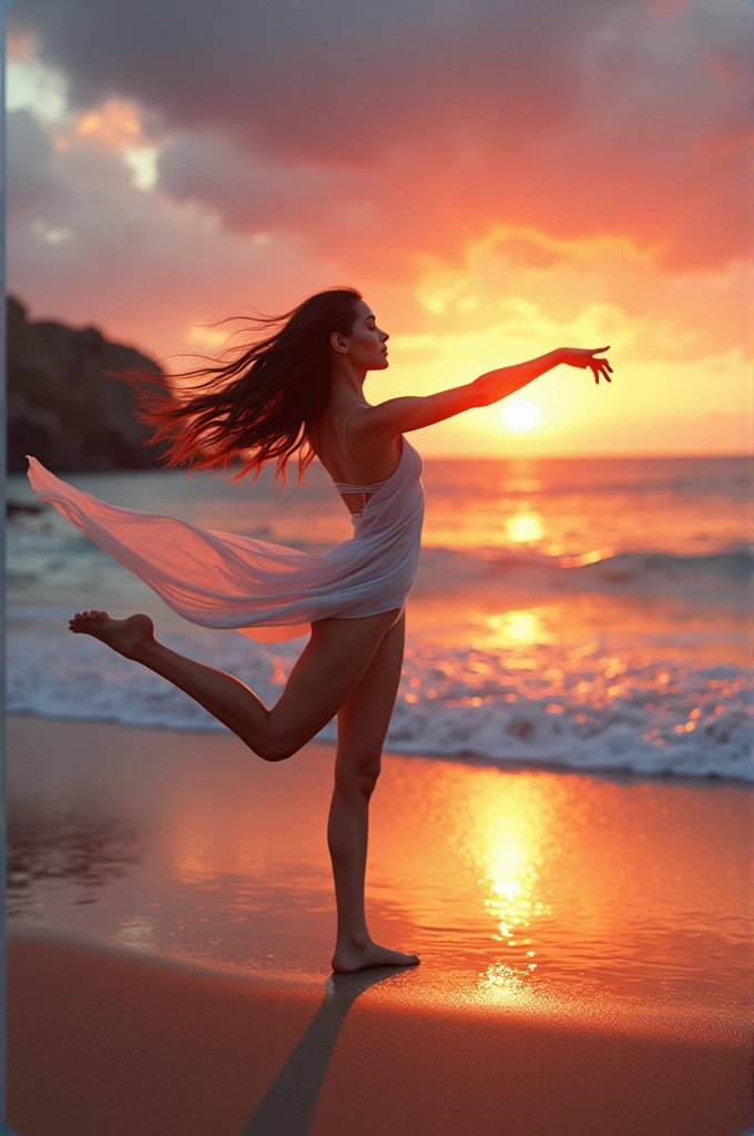 A dancer, on the beach with a sunset in the background 