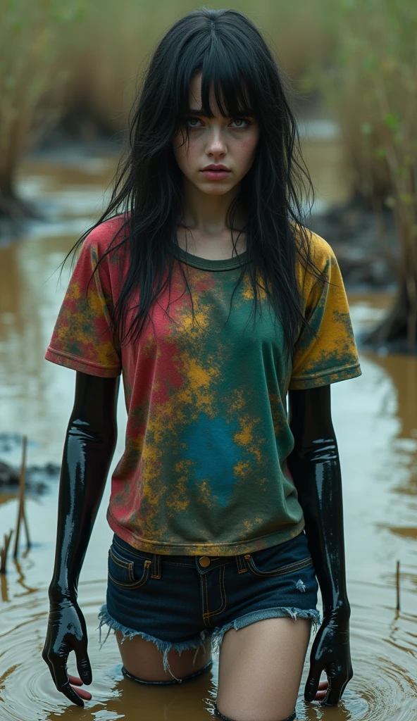 girl in (fetishistic depraved black shiny rubber stockings) and denim cut-offs and colored t-shirt stuck in bog, red, green, blue
