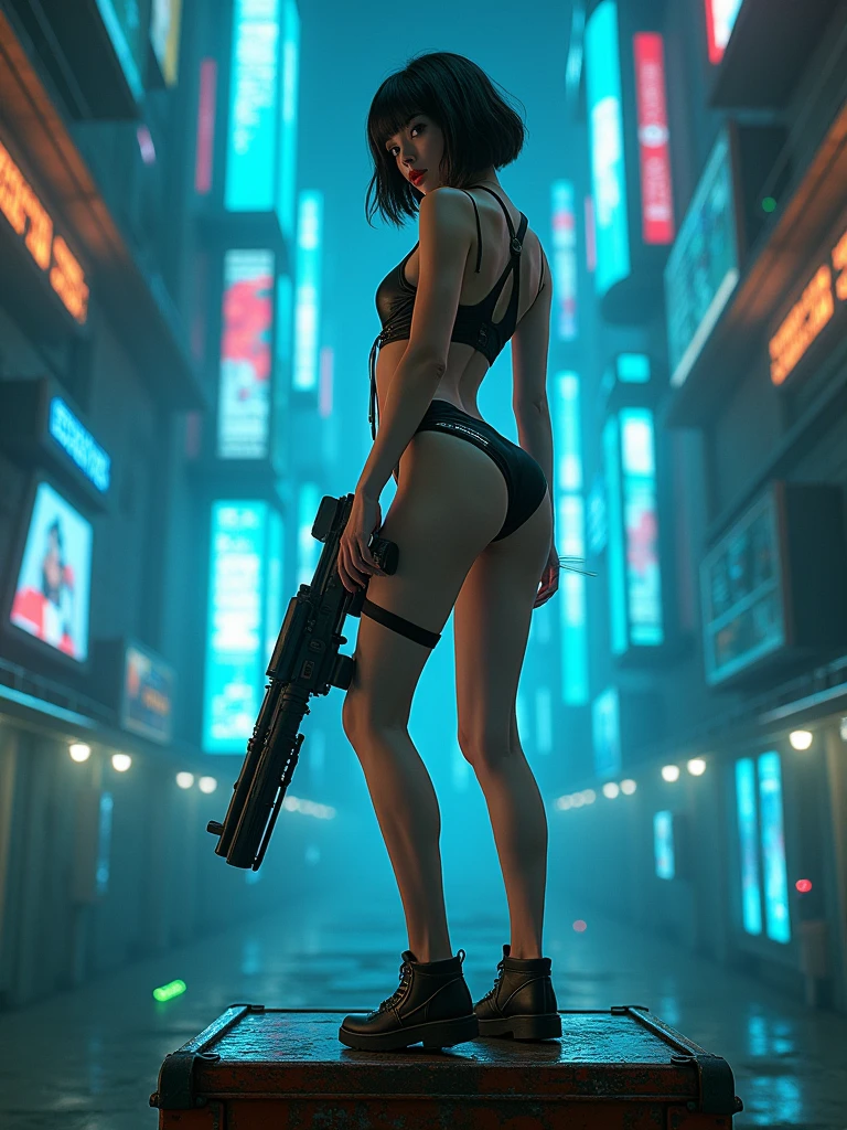 A young woman, around 18 years old, with short dark hair and a confident yet innocent expression, in a cyberpunk style. The scene is viewed from a low angle, about 80 degrees, taken from the front, emphasizing her presence and the imposing nature of the environment. She is standing on a worn yellow steel container, which shows signs of age and use, with chipped paint revealing the raw metal underneath. The environment is a futuristic room with neon lights and holographic displays, surrounded by high-tech gadgets and towering digital bookshelves. The room has a moody, dark atmosphere with vibrant neon colors casting a glow on her face. The woman is wearing a two-piece swimsuit with a sleek, futuristic design and metallic accents, fitting the cyberpunk aesthetic. In her right hand, she holds a cyberpunk-style weapon, a sleek and futuristic firearm with glowing accents. She is smiling innocently as she looks ahead, with subtle glowing data streams surrounding her, indicating her extraordinary abilities in this high-tech world.",
  "size": "1024x1024