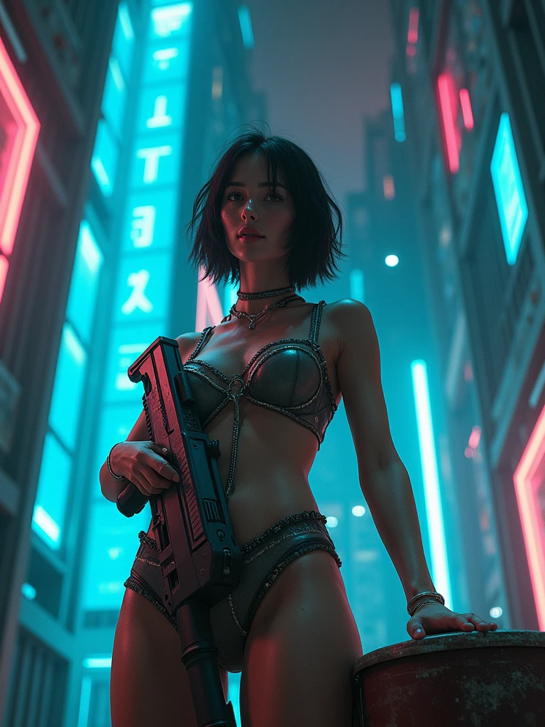 dark futuristic landscape, at night, neon lights, Atmospheric fog, large buildings in the background, futuristic city, busy streets with open shops, Ruined buildings, skyscraper (postapocalyptic city:1.3). at night, (((Matrix style cascading code))), (1woman, solo, perfect body), photo realistic, (large-breast:1.1 slim body, cleavage), (((tube top, extreamly short pleated (((((miniskirt))))) exposing panty))), (((((((matrix style black sunglasses))))))), (((((((sprinting with a (pistol), looking at camera))))))), (((half-body (thigh level) medium shot))), cinematic lighting.