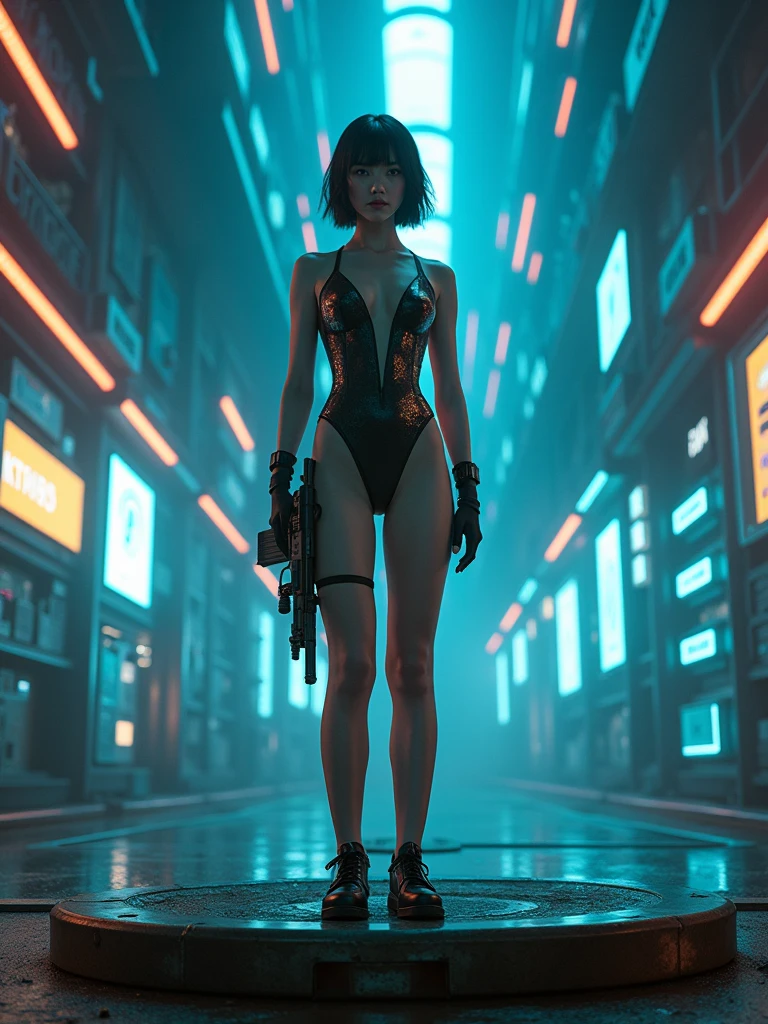 (Wide angle aerial view). Blade Runner inspired night city, simple outlined neon tall buildings, glowing ghost-like transparent clock tower, helicopter, lightning, close-up glowing matrix cascading code, 3D rendering Beeple. At night, (1girl, solo, alone), photorealistic, large-breast slim:0.6 body, oval:0.5 face, cleavage:1.1, miniskirt, deep-v, ((upskirt)), glove, (Matrix style black micro sunglasses), ((aiming viewer with a short gun)), dynamic running pose, (half-body thigh level close-up shot), cinematic lighting, ray tracing, motion blur background.