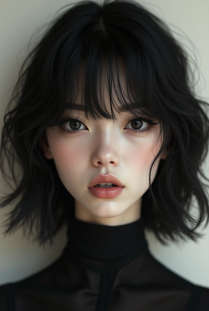 Beautiful woman with wavy short hair and bangs with masculine facial traits, a few moles on her face, black piercing eyes