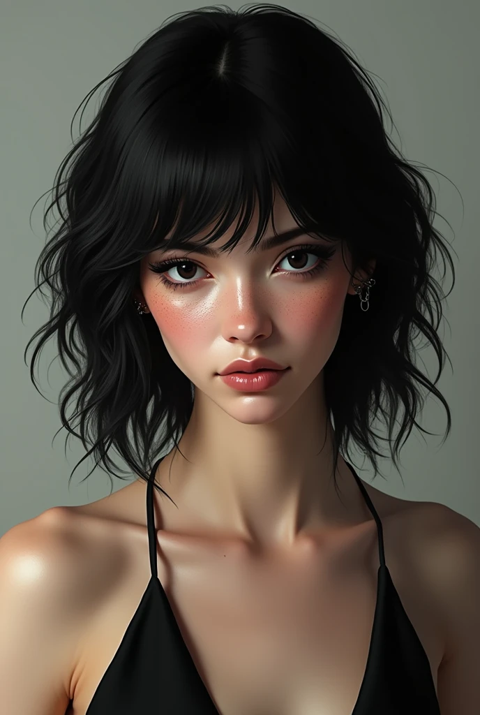 Beautiful woman with wavy short hair and bangs with masculine facial traits, a few moles on her face, black piercing eyes