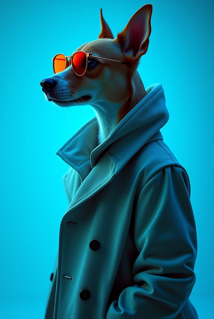 The best cell phone wallpaper, Award-Winning Wallpaper, portrait photography, In the front view is a portrait of a cute dog wearing mid-1960s space age fashion, Side view photo, Shot with Canon EOS R5, Set a strong contrast that accentuates the subject, Fluorescent blue tone, Wearing a very modern coat and sunglasses is a modern 1960s style, Clothes all in one color, beautiful background