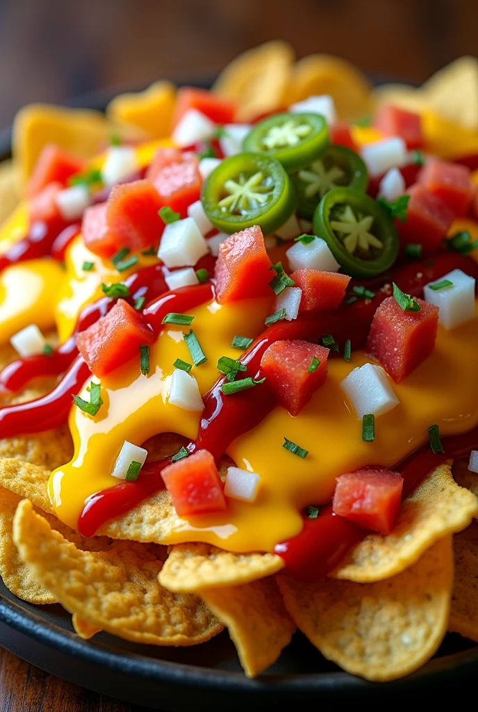 Plate with round nachos covered with diced tomato and white onion, seasoned with liquid yellow cheese and ketchup with pickled jalapeños (slices). Everything in abundance