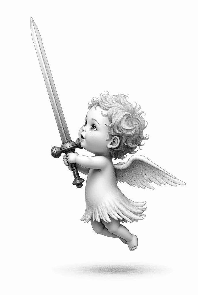 Generate a pencil sketch of a baby angel with a sword pointing it up