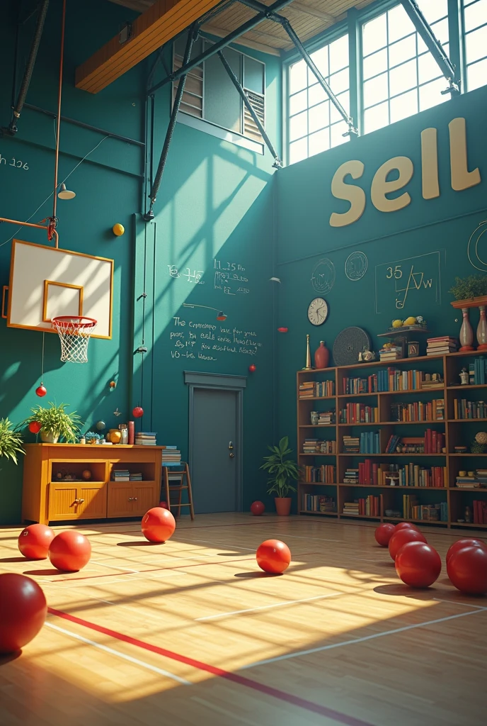 Create an image for a decoration of a school fair in a gymnasium with a mathematical film theme