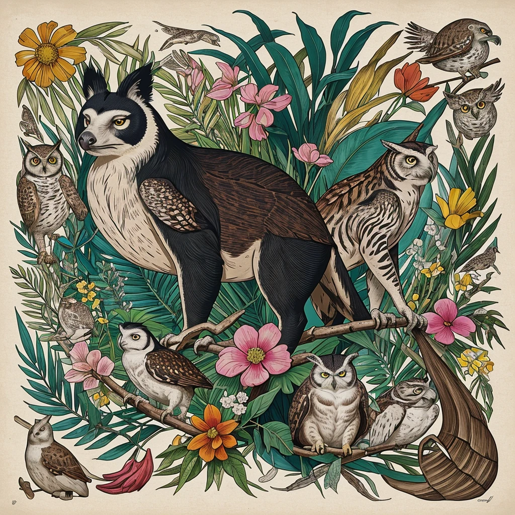 Unique composition that mixes four different types of animals in one with Wild Boar leg, owl's head, Colobus mouth, Small Sea Turtle limbs. Animals must be integrated to create a single figure that is visually appealing and suitable for printing on t-shirts. The image must be of high quality, transparent background for overlaying different fabric colors, and can include a subtle frame of wind and water around the composition or random frames that complement the theme. Use vibrant, contrasting colors, and include stylized elements that highlight the animals’ characteristics.