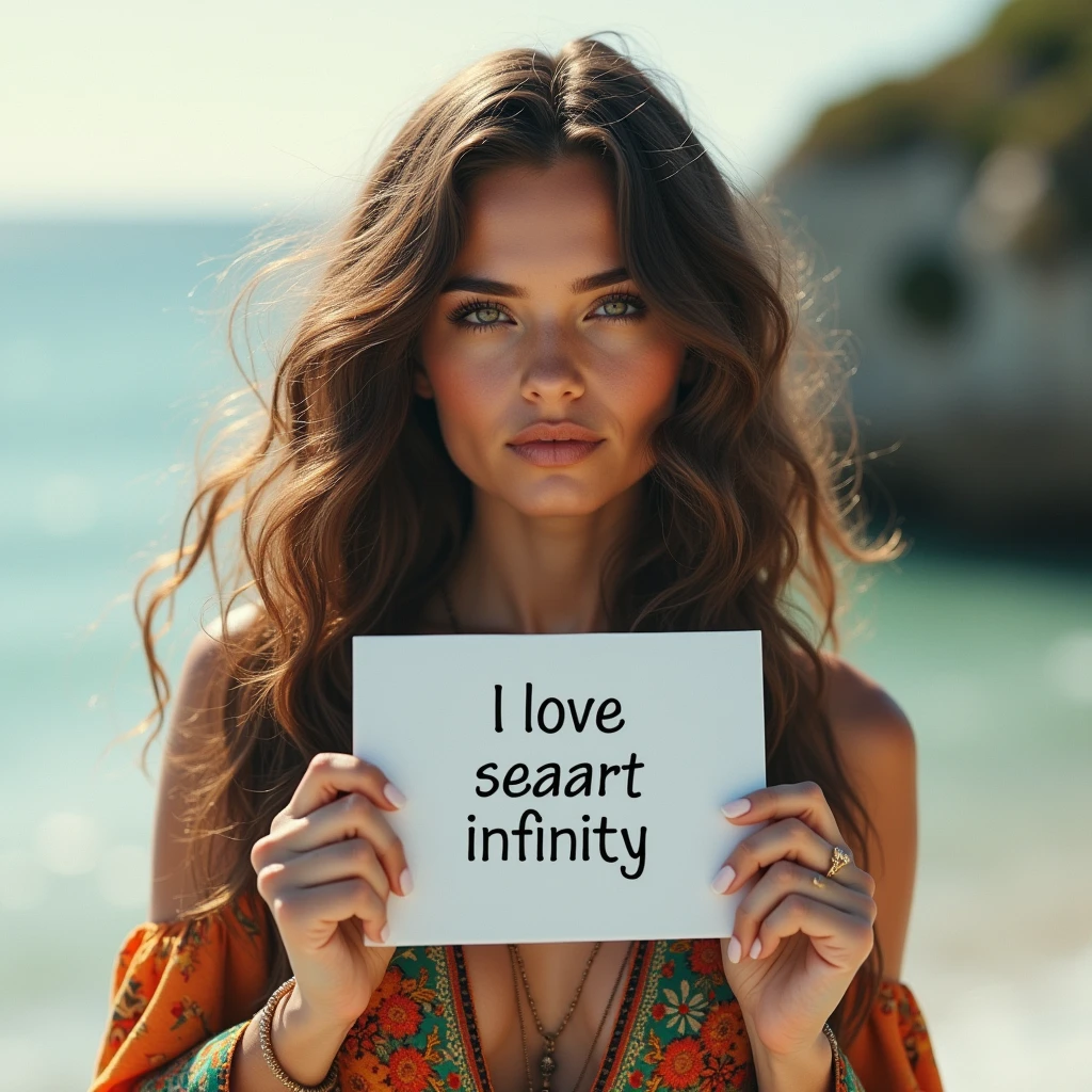 Beautiful girl with wavy long hair, bohemian dress, holding a white board with text "I Love Seaart Infinity" and showing it to the viewer