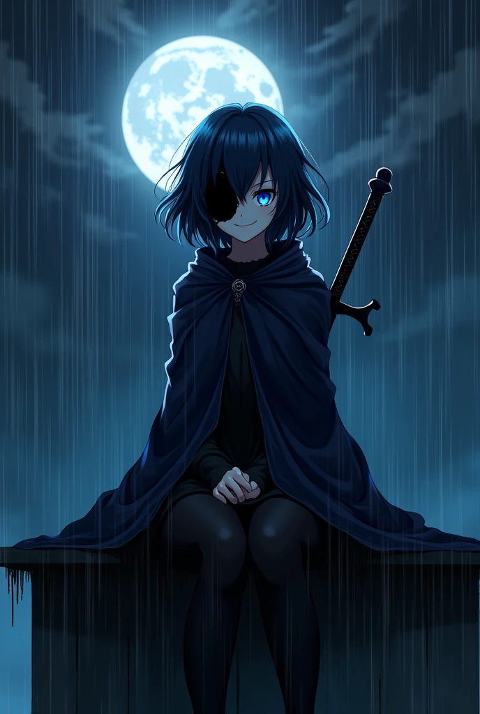 create an image of an anime girl sitting on top of a building, with a sadic smile on her face, short curled hair hiding her ears, blue eyes and an long dark blue akatsuki clothe and a pair of black stockings completely covering your legs, under the heavy rain and a full moon. half of his face is covered by a black strange shadow. she has a black long sword by her side