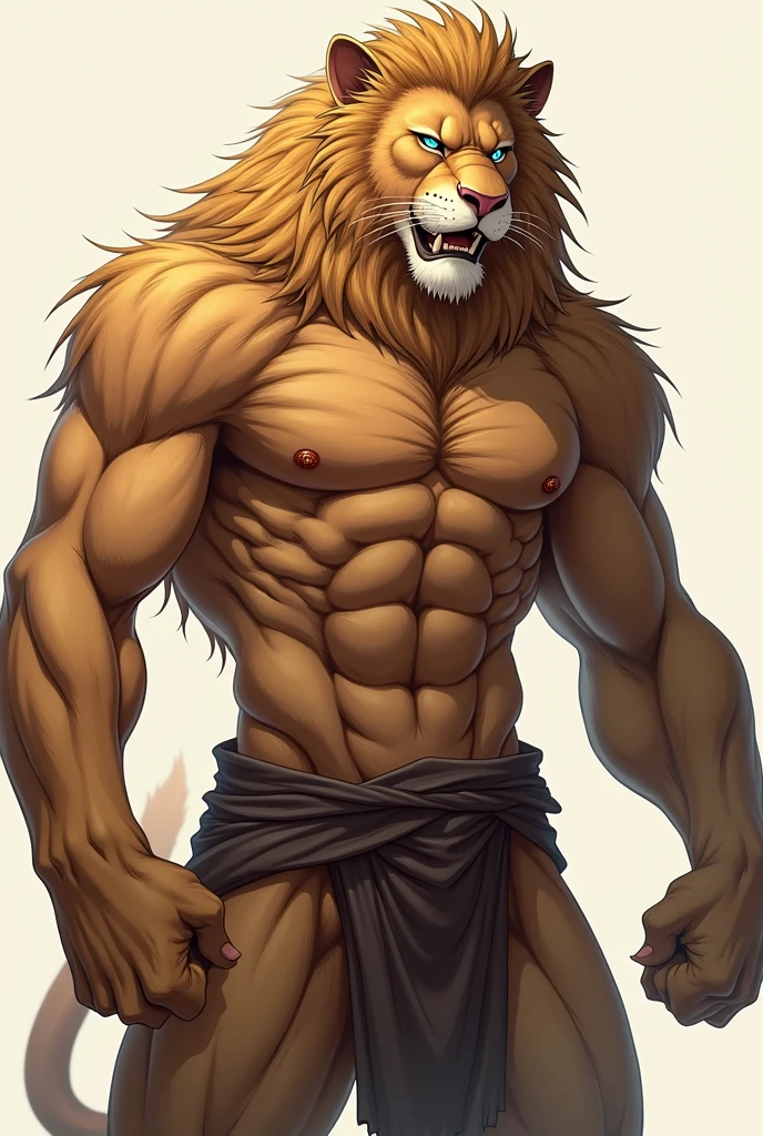 Male lion beastman has erection. Make him hairier and more anime-like.