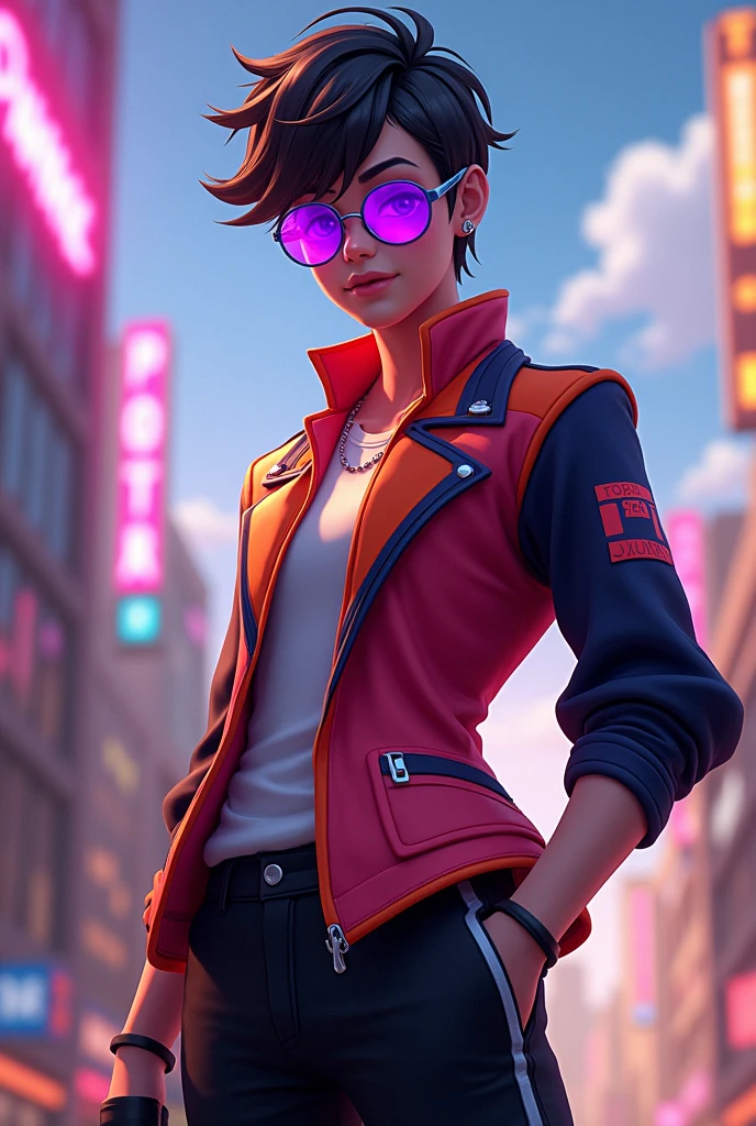 Free fire male character with purple glasses, sonic shot blouse and black pants