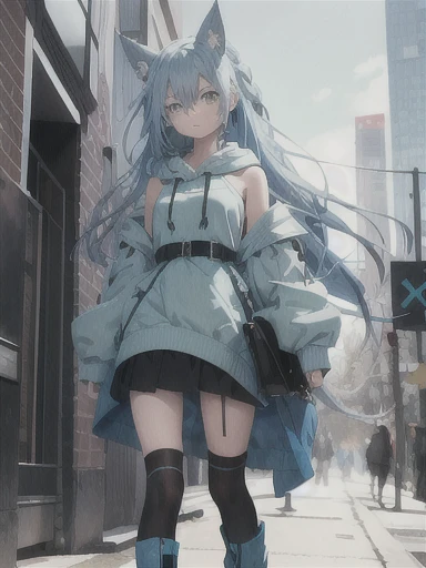 Girl: Light blue hair, long hair reaching down to her waist, animal ears, blue right eye, green left eye, black hoodie, matching skirt, long braided boots with heels, bandage around neck, blue bag hanging from shoulder