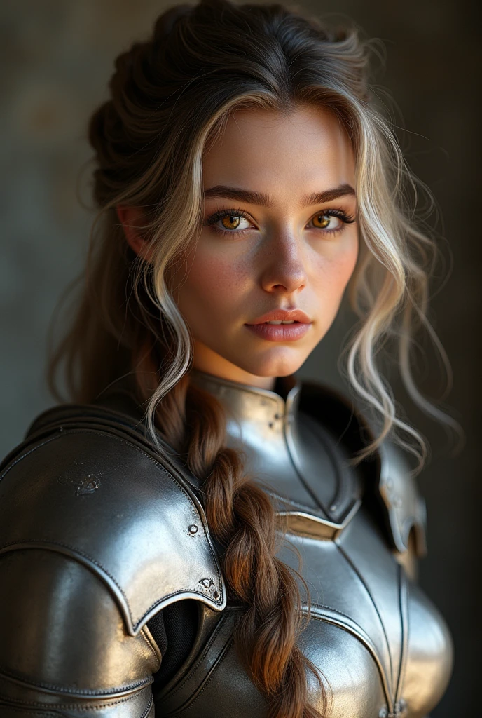 A beautiful Nordic girl, light brown amber eyes 20 years old, olhos amendoados, oval face shape, Wavy brown hair with silver ends 170cm, 65kg, high-detailed face, Detailed texture skin, warrior pose, aluminum armor, natural lighting, dramatic shadows, Warm Color Palette, portraite, realisitic, photorealisitic, 8k, work of art