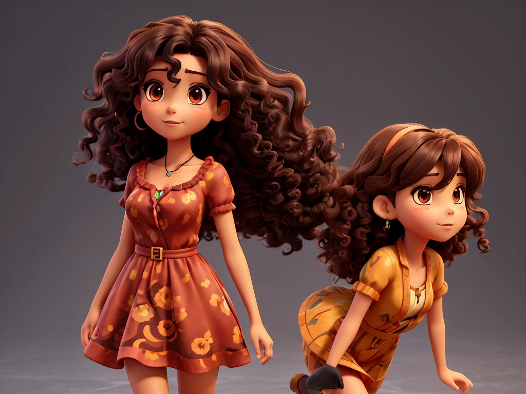 Generate a 3D anime style image of a young dark brunette woman, with large, light brown and expressive eyes, large full red lips, long black and curly hair, of Portuguese, african descent with Amazonian features, dressed in a colorful and flowery dress 