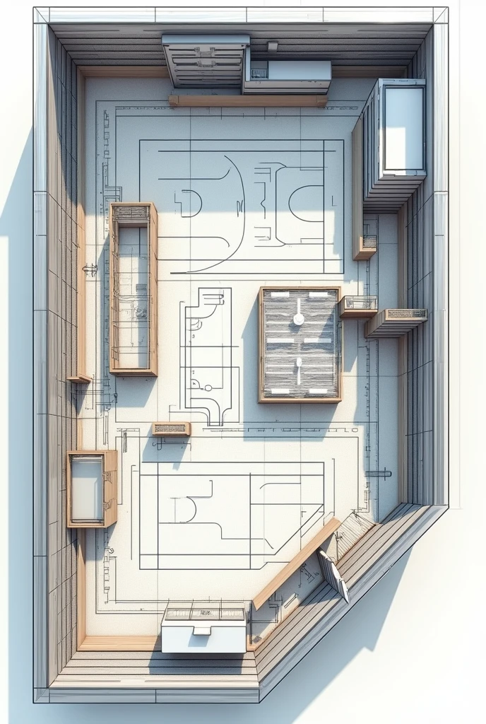 Floor plan of a sports center with a court, swimpool, auditorium and team sports hall with structural mesh
