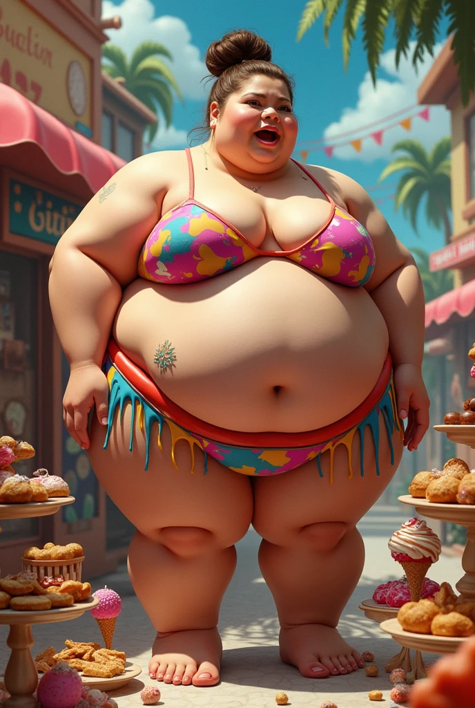 Carla Thais, woman with ugly body, bigger than a building, too fat, obese Morbid, gigant ass, gorda, obese, Immense, gigant ass, gigant ass, obese, Morbid, Immense, gorda, too fat, muito obese, drooling over food, fair skin and brown hair in a bun, exaggerated makeup, drooling over food usando um biquíni vibrante e colorido e saia. She must be in a setting with sweets and processed foods in the background., creating a playful atmosphere. Use detailed lighting to highlight your curves and expression