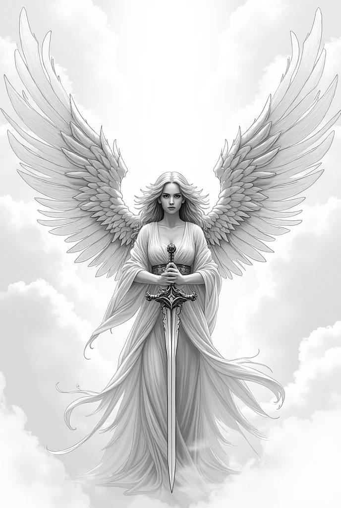 Generate a pencil sketch of an angel with a sword pointing it up