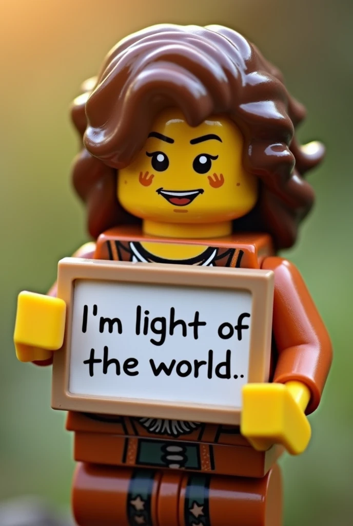 Beautiful Lego boy with wavy long hair, bohemian dress, holding a whiteboard with text "I'm the light of the world" and showing it to the viewer