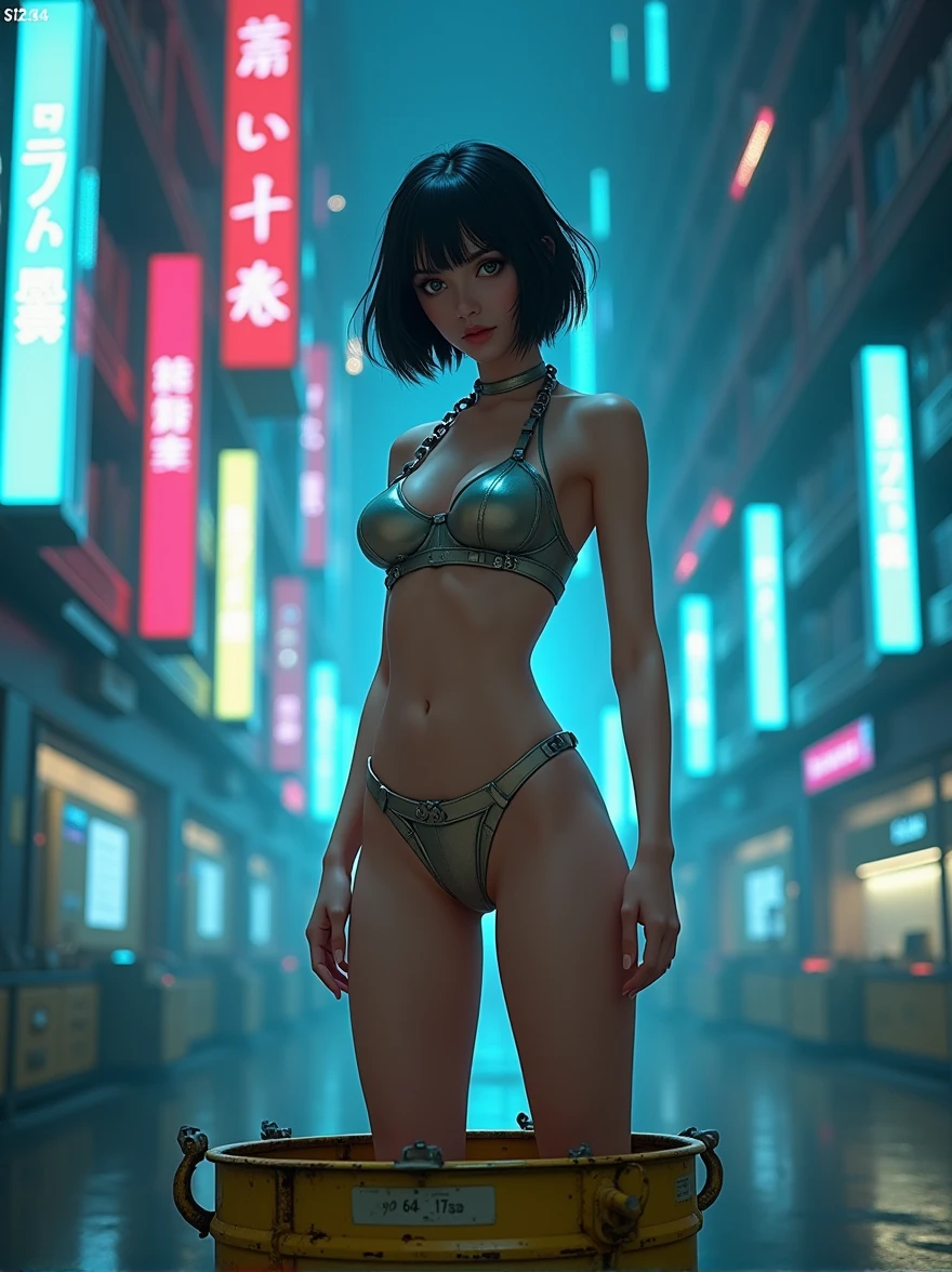 A young woman, around 18 years old, with short dark hair and a confident yet innocent expression, in a cyberpunk style. The scene is viewed from a low angle, about 80 degrees, taken from the front, emphasizing her presence and the imposing nature of the environment. She is standing on a worn yellow steel container, which shows signs of age and use, with chipped paint revealing the raw metal underneath. The environment is a futuristic room with neon lights and holographic displays, surrounded by high-tech gadgets and towering digital bookshelves. The room has a moody, dark atmosphere with vibrant neon colors casting a glow on her face. The woman is wearing a two-piece swimsuit with a sleek, futuristic design and metallic accents, fitting the cyberpunk aesthetic. In her right hand, she holds a cyberpunk-style weapon, a sleek and futuristic firearm with glowing accents. She is smiling innocently as she looks ahead, with subtle glowing data streams surrounding her, indicating her extraordinary abilities in this high-tech world.",
  "size": "1024x1024