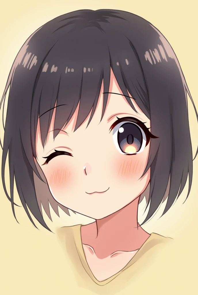 A girl with short hair，Single eyelid，The tail of the eye is slightly upward，Round Face，Small and three-dimensional mouth，The bridge of the nose is a bit collapsed，Wide nose，With a smile on the corners of his mouth，Soft face，Lively。cute，cartoon