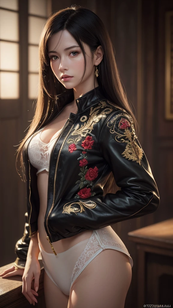 (photorealist:1.4),Best Quality,realist, masterpiece, an extremely delicate and beautiful, CG,extremely detailed ,High resolution, extremely detailed, 1 girl, Tifa_Lockhart,Beautiful detailed girl,Whole body, realist,japanese clothes, Beautiful detailed red eyes, light on the face, cinematic lighting,gold embroidered black jacket "SEZKINGS",  