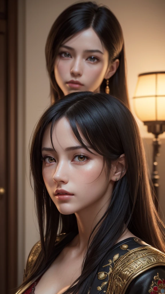 (photorealist:1.4),Best Quality,realist, masterpiece, an extremely delicate and beautiful, CG,extremely detailed ,High resolution, extremely detailed, 1 girl, Tifa_Lockhart,Beautiful detailed girl,Whole body, realist,japanese clothes, Beautiful detailed red eyes, light on the face, cinematic lighting,gold embroidered black jacket "SEZKINGS",