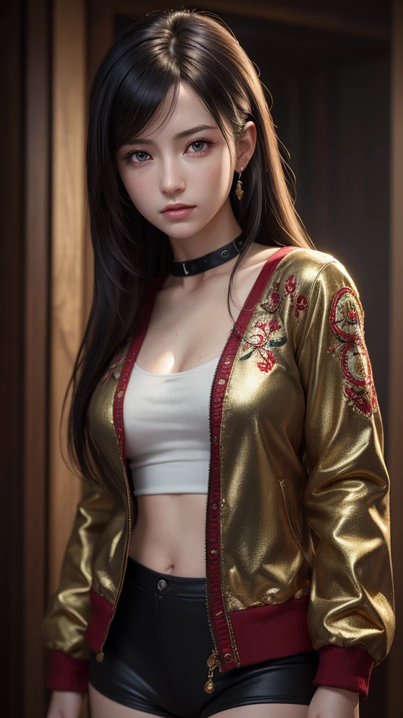 (photorealist:1.4),Best Quality,realist, masterpiece, an extremely delicate and beautiful, CG,extremely detailed ,High resolution, extremely detailed, 1 girl, Tifa_Lockhart,Beautiful detailed girl,Whole body, realist,japanese clothes, Beautiful detailed red eyes, light on the face, cinematic lighting,gold embroidered black jacket "SEZKINGS",  