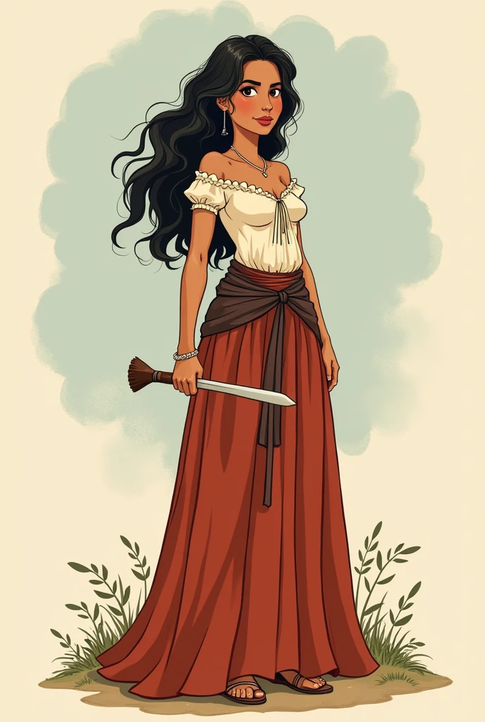 Create a full-body cartoon of the heroine Manuela Sáenz in the independence of Colombia